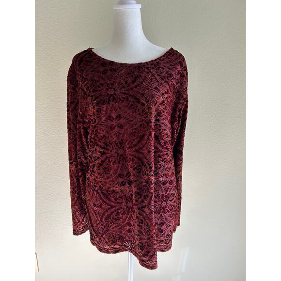 Coldwater Creek Tunic Velvet Burnout Shirt Burgundy Multi Whimsy Floral - Picture 1 of 9